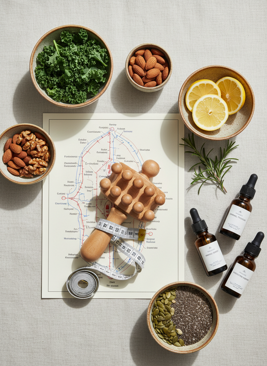 An elegant flat-lay photographic realism composition of holistic kinesiology and naturopathic nutrition tools arranged on a pale linen background. At the center, a detailed anatomical meridian chart lies partially overlapped by a wooden acupressure tool and a neatly coiled measuring tape. Surrounding them are small ceramic bowls containing colorful whole foods—vibrant leafy greens, sliced lemon, nuts, and seeds—alongside labeled amber dropper bottles and a subtle sprig of rosemary. Soft overhead daylight provides even, natural illumination, minimizing harsh shadows and enhancing textures. The mood is balanced, clean, and informative, showcasing the integration of Traditional Chinese Medicine principles, energetic healing, and nutritional medicine in a modern, professional context. The overall style is tidy, calm, and visually organized, ideal for a holistic health website.