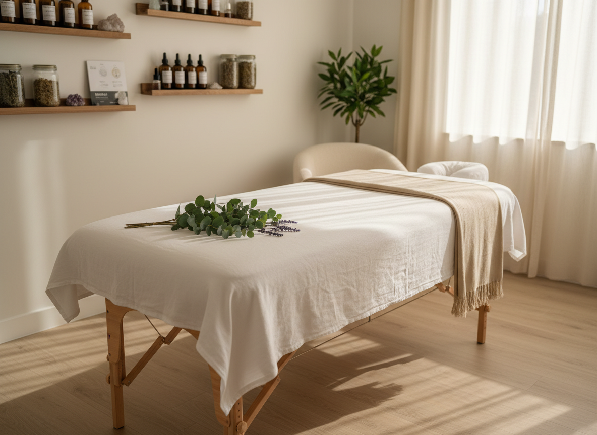 A tranquil holistic wellness treatment room with a neatly made massage table covered in soft white linens and a light sand-colored throw, accented with a small arrangement of fresh eucalyptus and lavender at the head. Shelves along the wall hold neatly organized amber glass bottles, crystal clusters, and labeled herbal tinctures. Warm natural daylight filters through sheer curtains, creating gentle highlights on wooden surfaces and casting soft, elongated shadows. Photographed at eye level with a slight angle toward the table, shallow depth of field softly blurs the background for a calm, professional feel. The atmosphere is serene, balanced, and restorative, with clean photographic realism and a minimalist, contemporary aesthetic that suggests holistic kinesiology and mind-body healing work without showing any people.