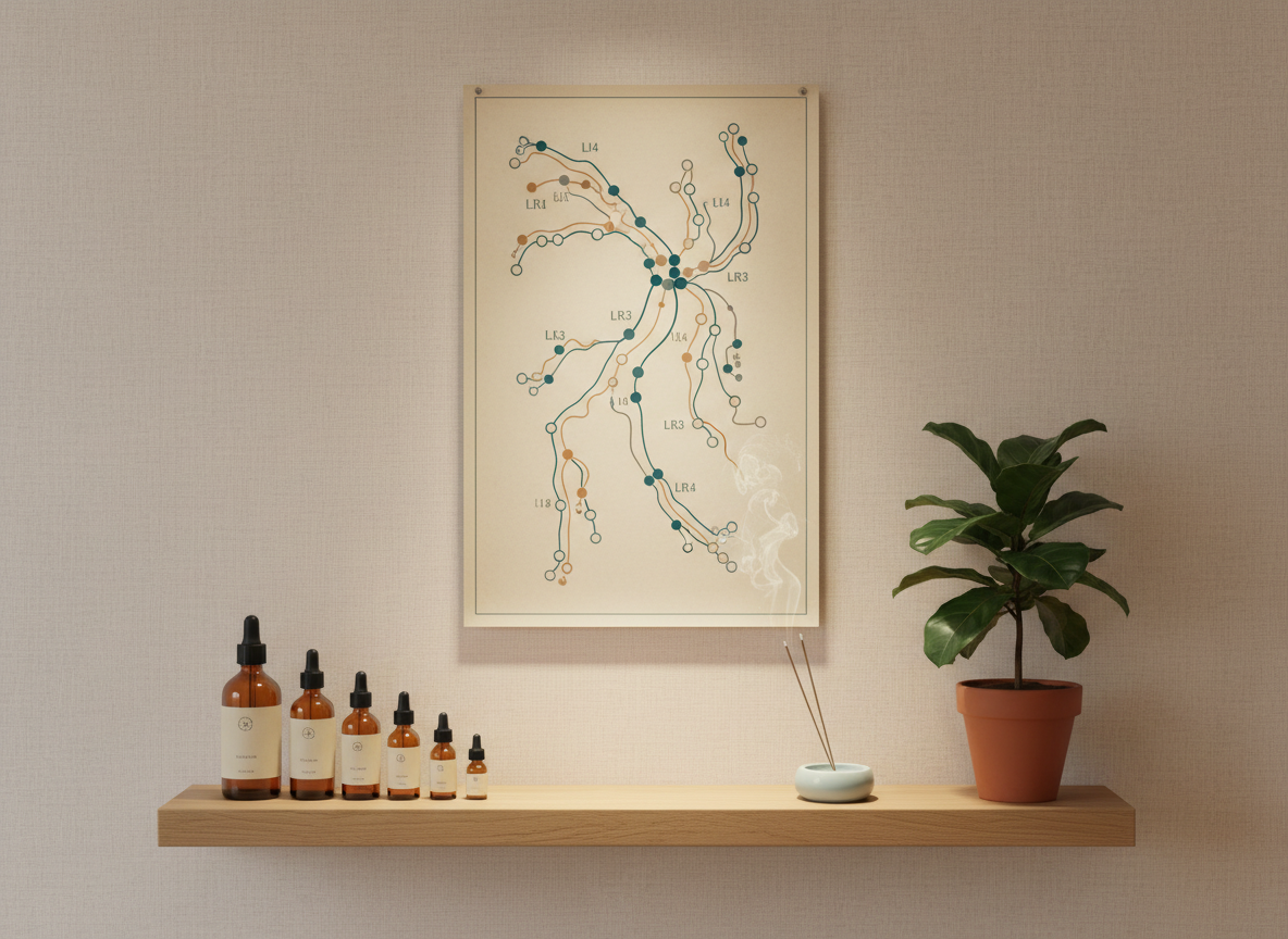 A detailed photographic realism close-up of a Traditional Chinese Medicine-inspired acupressure wall chart pinned neatly on a softly textured, neutral-colored wall. The chart displays clear meridian lines and acupressure points in muted, professional colors of deep teal and warm gray, with clean typography for labels. Below the chart, a simple floating wooden shelf holds a row of organized amber glass bottles, a small ceramic incense holder with a thin wisp of smoke, and a single potted plant with glossy green leaves. Gentle, warm ambient lighting from an overhead source creates a cozy yet clinical clarity, with soft shadows that define shapes without harshness. Shot straight-on at eye level, the composition feels balanced, educational, and aligned with a professional holistic kinesiology and mind-body medicine practice, all without including any people.